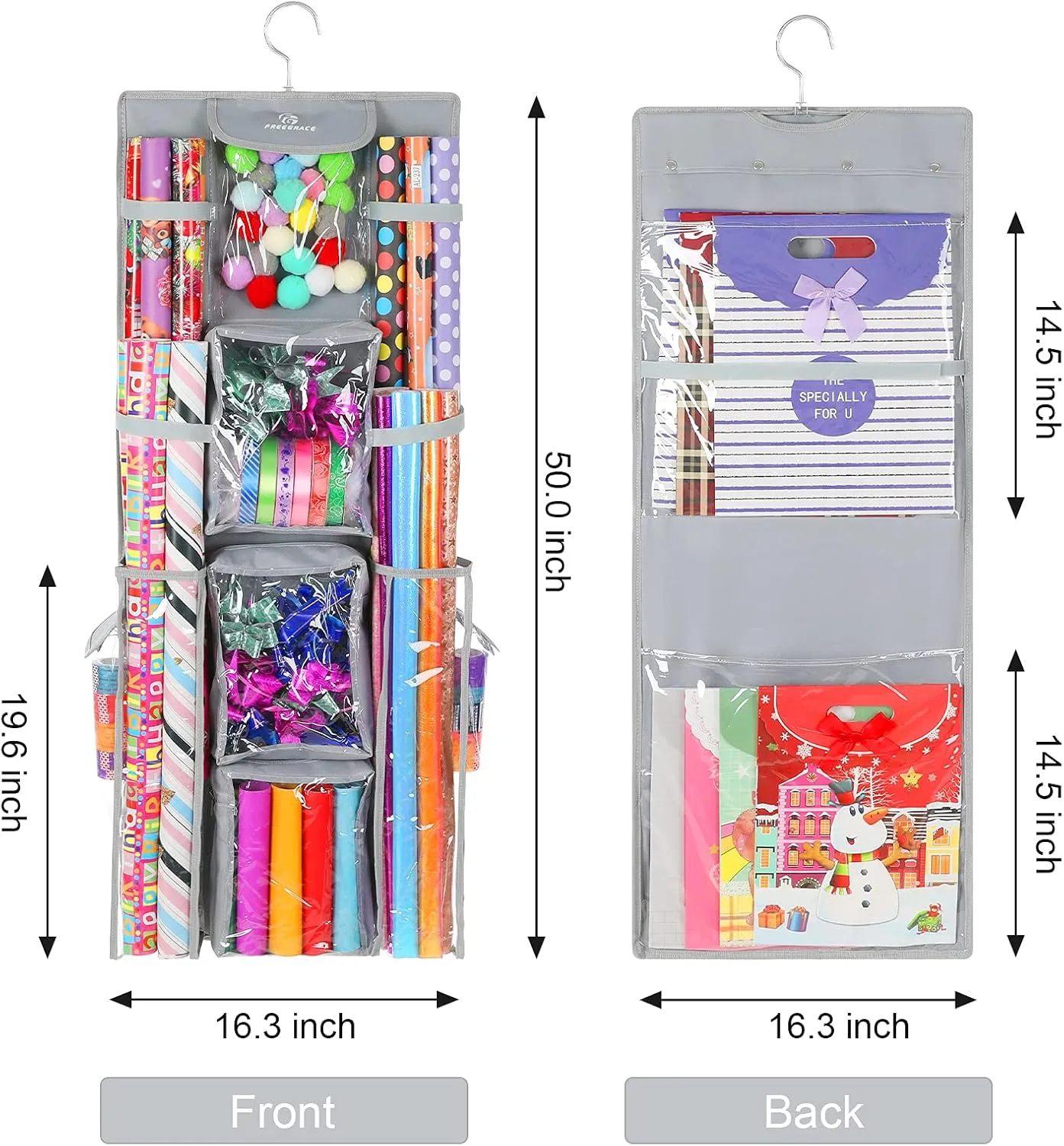 Freegrace Double Sided Hanging Gift Wrap Organizer | Large 16" x 41" Wrapping Paper Rolls Storage Bag | Tearproof & Space Saving Closet Gift Bag Organization Solution (Gray)