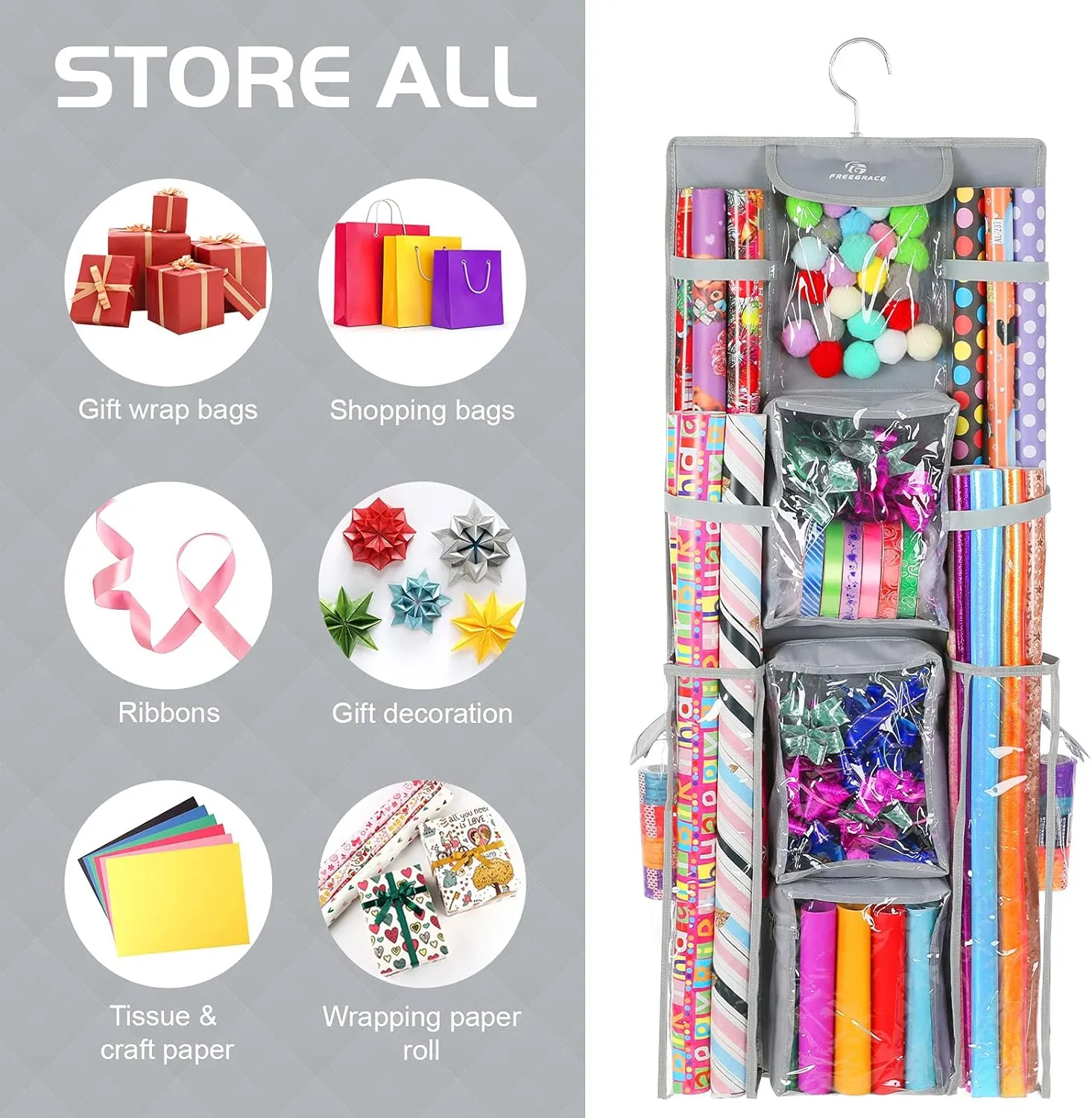 Freegrace Double Sided Hanging Gift Wrap Organizer | Large 16" x 41" Wrapping Paper Rolls Storage Bag | Tearproof & Space Saving Closet Gift Bag Organization Solution (Gray)