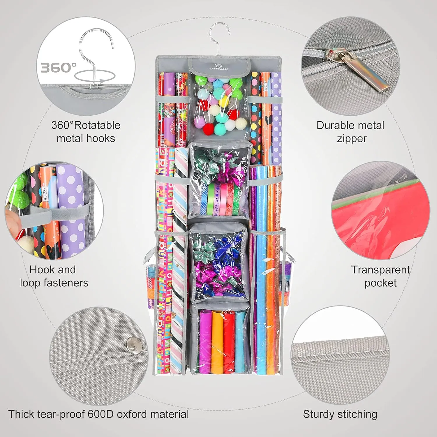 Freegrace Double Sided Hanging Gift Wrap Organizer | Large 16" x 41" Wrapping Paper Rolls Storage Bag | Tearproof & Space Saving Closet Gift Bag Organization Solution (Gray)