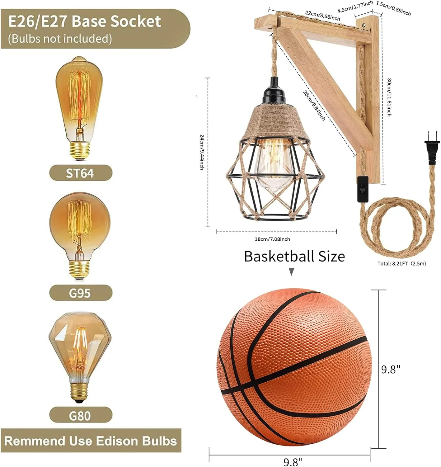Frideko Wall Lamp with Plug in Cord - Plug in Wall Sconces, Farmhouse Hanging Lamps That Plug into Wall Outlet, Rustic Wall Mount Lamp with Wood Shelf Bracket & Switch Cord for Living Room, Bedroom