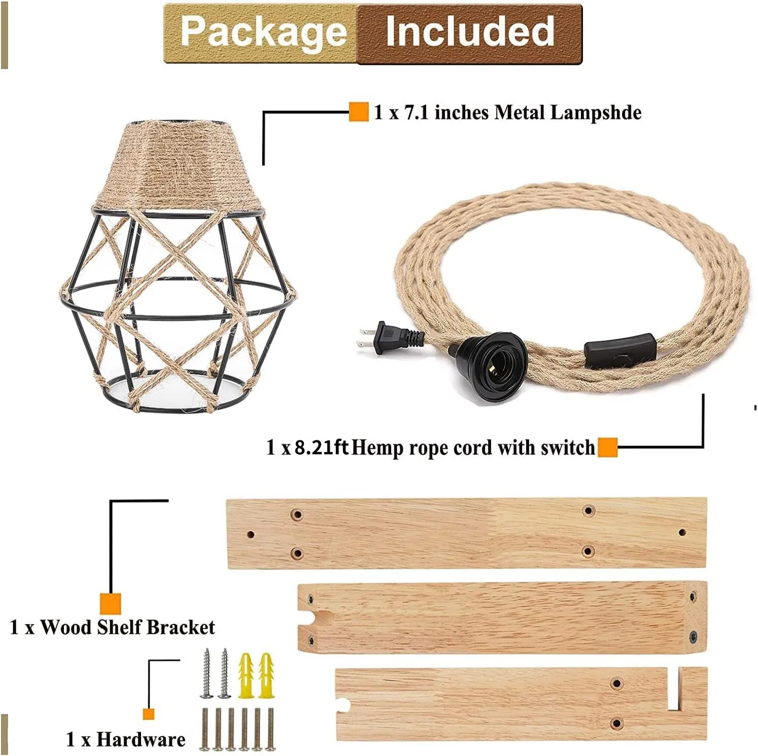 Frideko Wall Lamp with Plug in Cord - Plug in Wall Sconces, Farmhouse Hanging Lamps That Plug into Wall Outlet, Rustic Wall Mount Lamp with Wood Shelf Bracket & Switch Cord for Living Room, Bedroom
