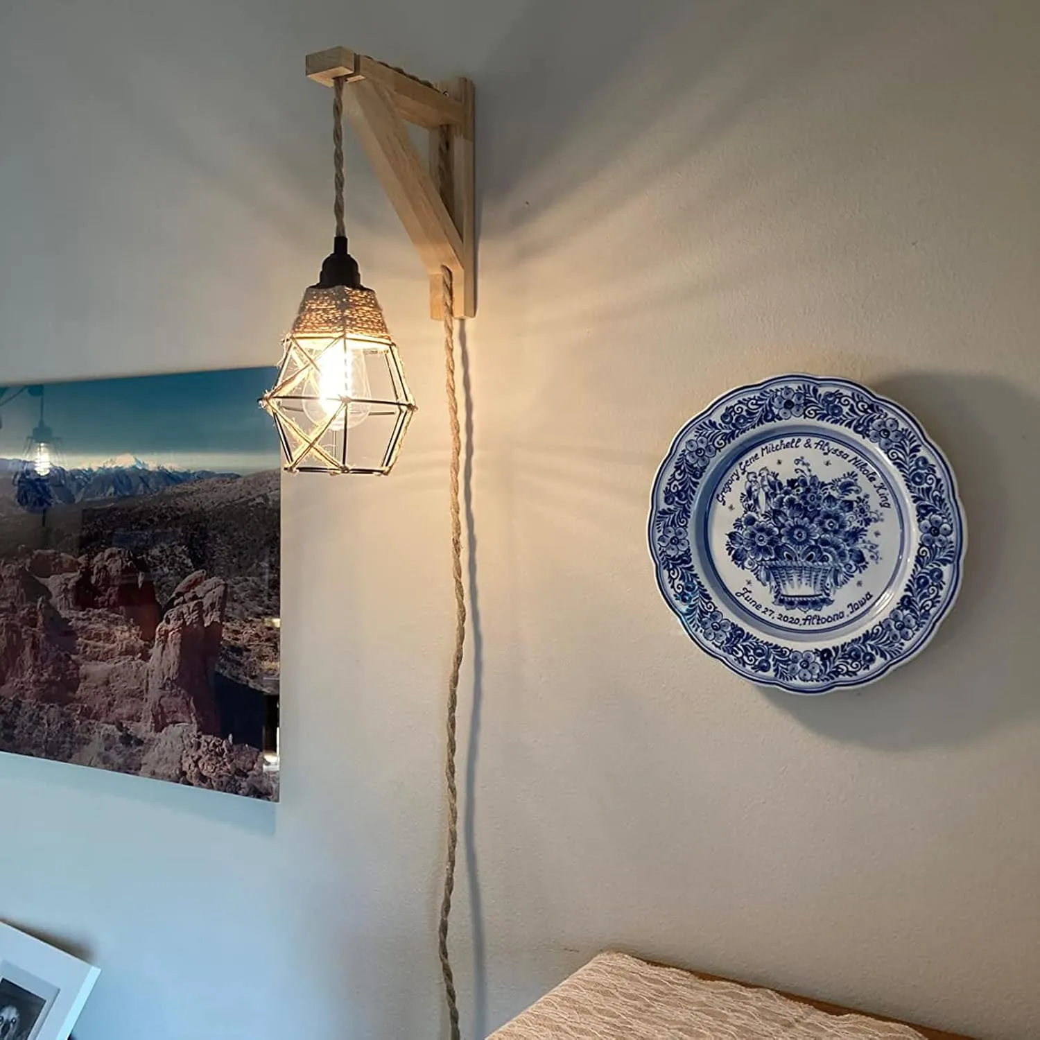 Frideko Wall Lamp with Plug in Cord - Plug in Wall Sconces, Farmhouse Hanging Lamps That Plug into Wall Outlet, Rustic Wall Mount Lamp with Wood Shelf Bracket & Switch Cord for Living Room, Bedroom