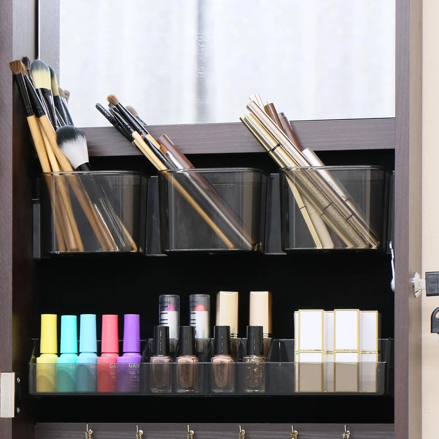 Full Length Mirror Jewelry Cabinet Organizer for Makeup and Jewelry, Lockable Door Wall-Mounted Jewelry Armoire with Shelves and Behind-the-Door Storage Rustic Brown