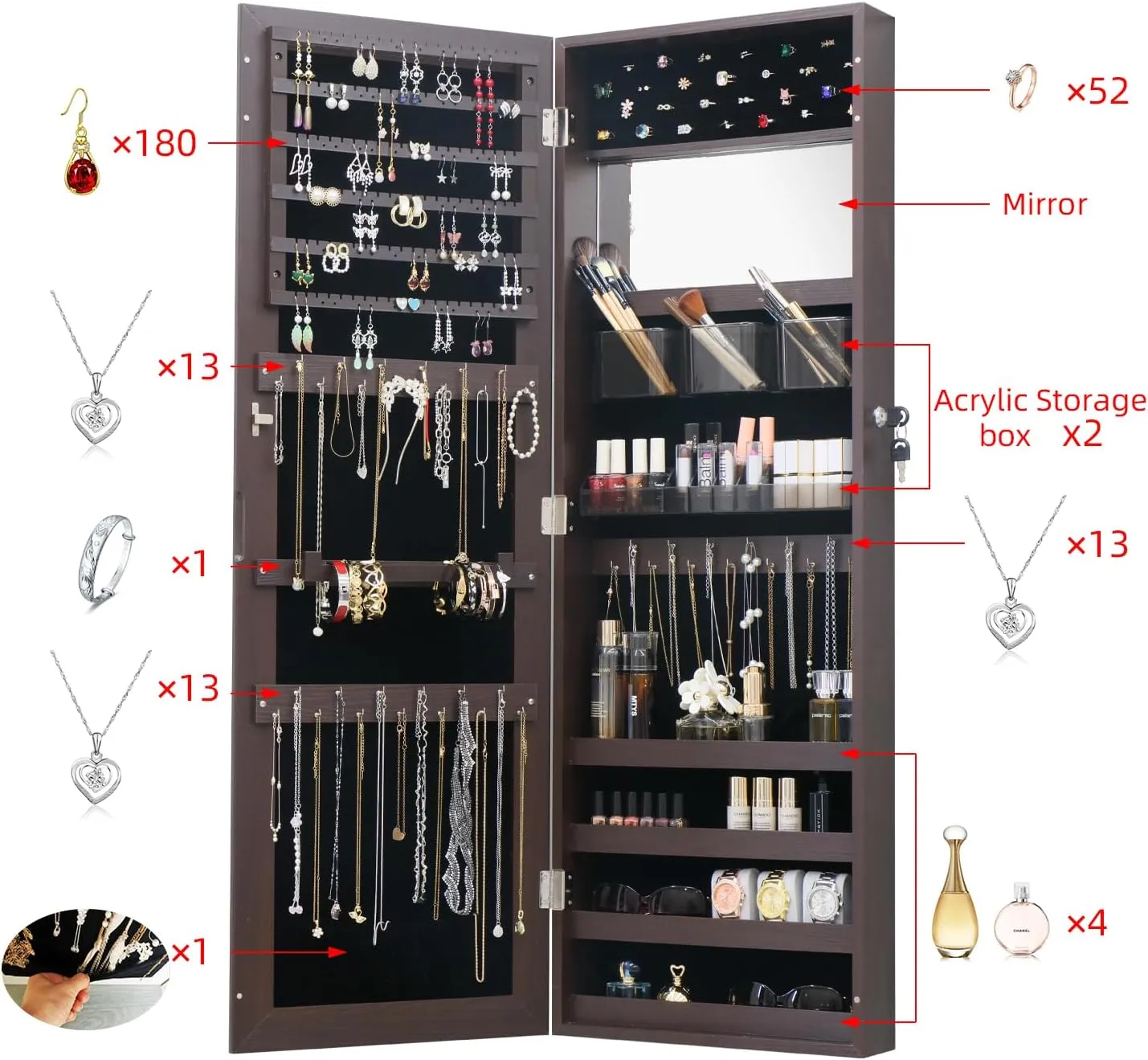 Full Length Mirror Jewelry Cabinet Organizer for Makeup and Jewelry, Lockable Door Wall-Mounted Jewelry Armoire with Shelves and Behind-the-Door Storage Rustic Brown