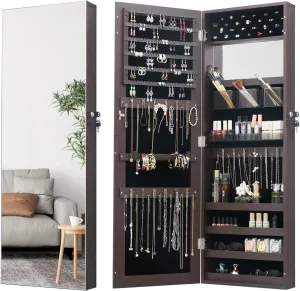 Full Length Mirror Jewelry Cabinet Organizer for Makeup and Jewelry, Lockable Door Wall-Mounted Jewelry Armoire with Shelves and Behind-the-Door Storage Rustic Brown