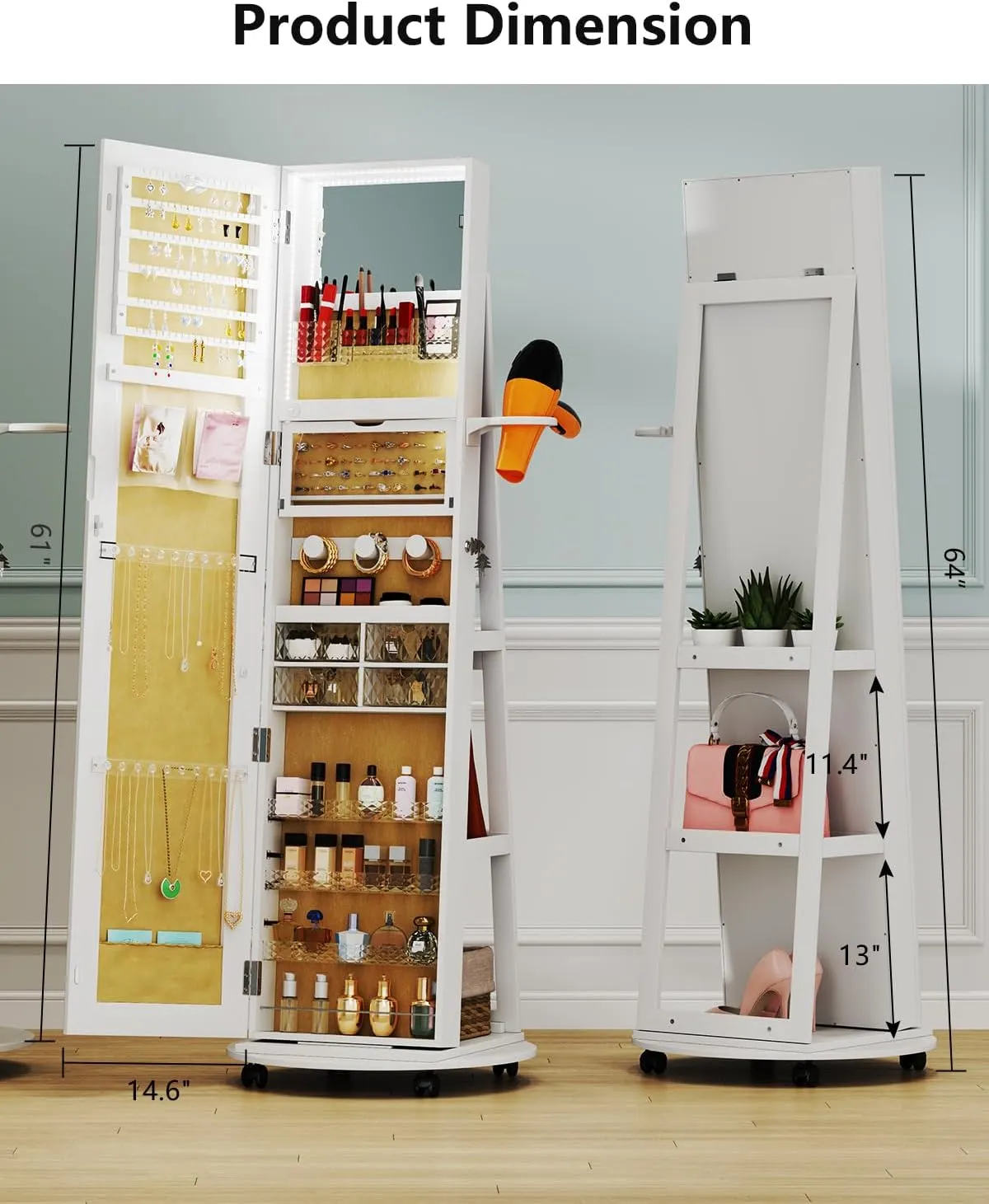 Full Length Mirror with Jewelry Storage, 360° Rotating Jewelry Armoire Organizer with Lights, Lockable Mirror Jewelry Cabinet Standing, Jewelry Mirror Cabinet for Christmas Gifts (White)
