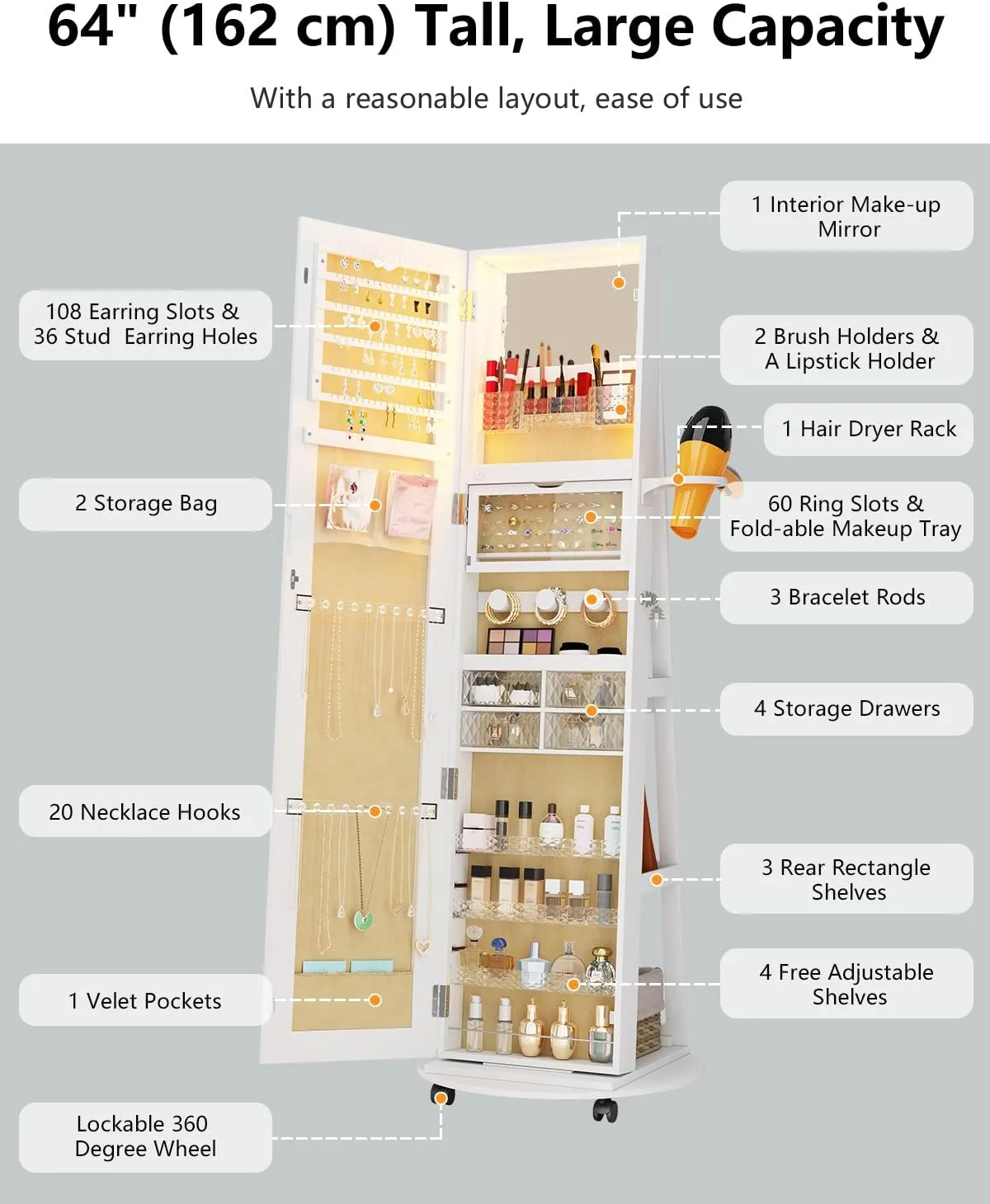 Full Length Mirror with Jewelry Storage, 360° Rotating Jewelry Armoire Organizer with Lights, Lockable Mirror Jewelry Cabinet Standing, Jewelry Mirror Cabinet for Christmas Gifts (White)