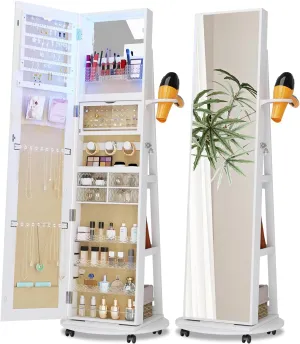 Full Length Mirror with Jewelry Storage, 360° Rotating Jewelry Armoire Organizer with Lights, Lockable Mirror Jewelry Cabinet Standing, Jewelry Mirror Cabinet for Christmas Gifts (White)