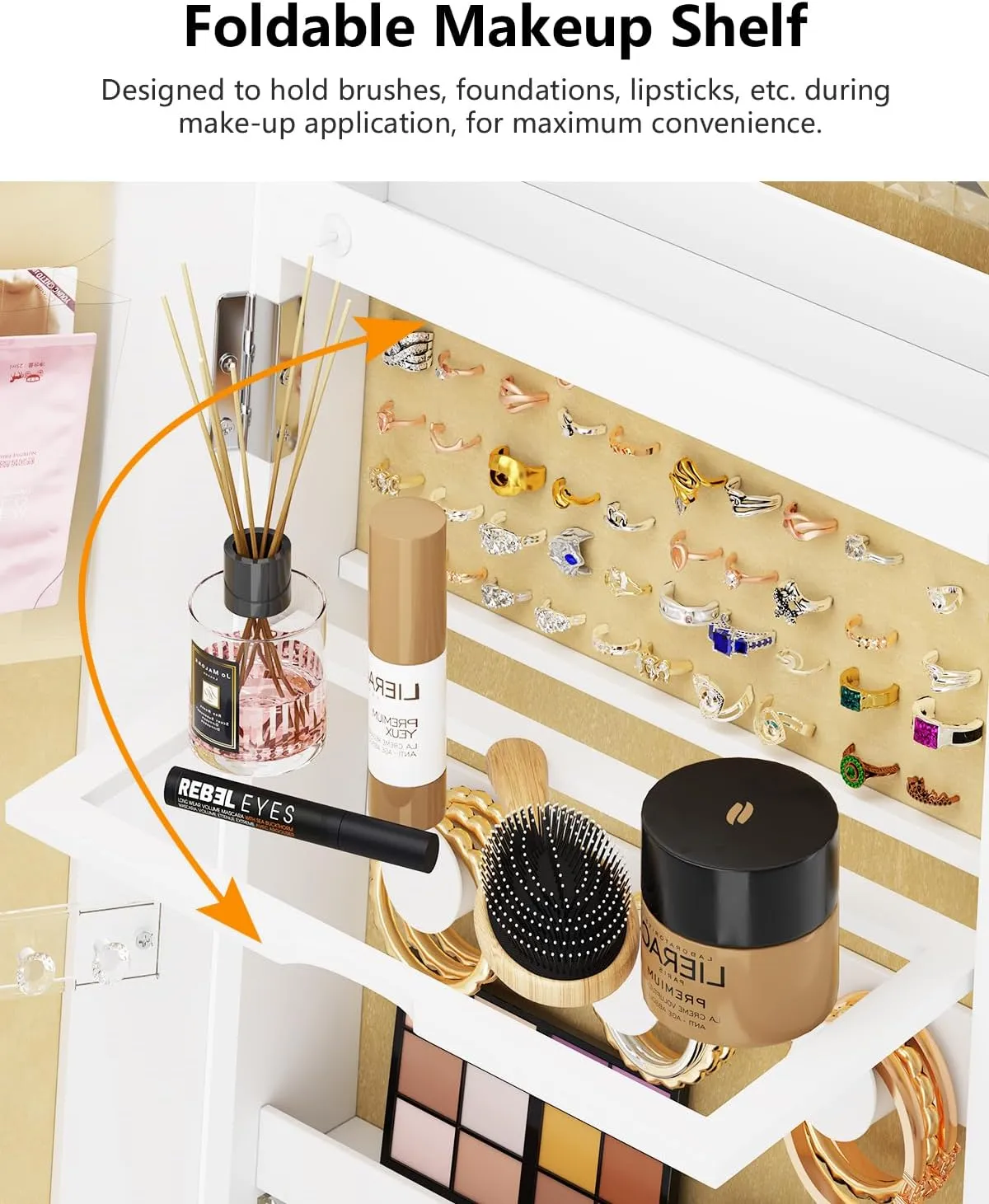 Full Length Mirror with Jewelry Storage, 360° Rotating Jewelry Armoire Organizer with Lights, Lockable Mirror Jewelry Cabinet Standing, Jewelry Mirror Cabinet for Christmas Gifts (White)