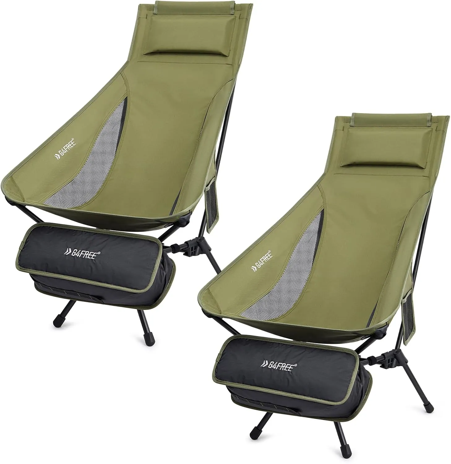 G4Free 2 Pack Folding Lightweight Camp Chair High Back Camping Chair Backpacking Chair Heavy Duty 330lbs with Headrest Pocket Green