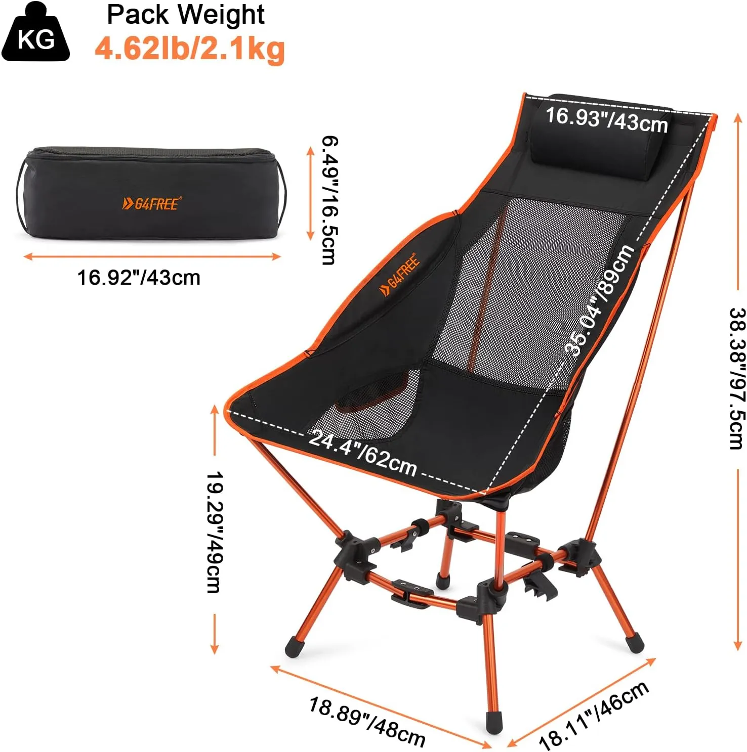 G4Free Folding Camp Chair High Back Lightweight Camping Chair with Removable Pillow, Side Pocket & Carry Bag, Compact & Heavy Duty 385lbs for Outdoor Hiking Backpacking Beach Picnic Travel
