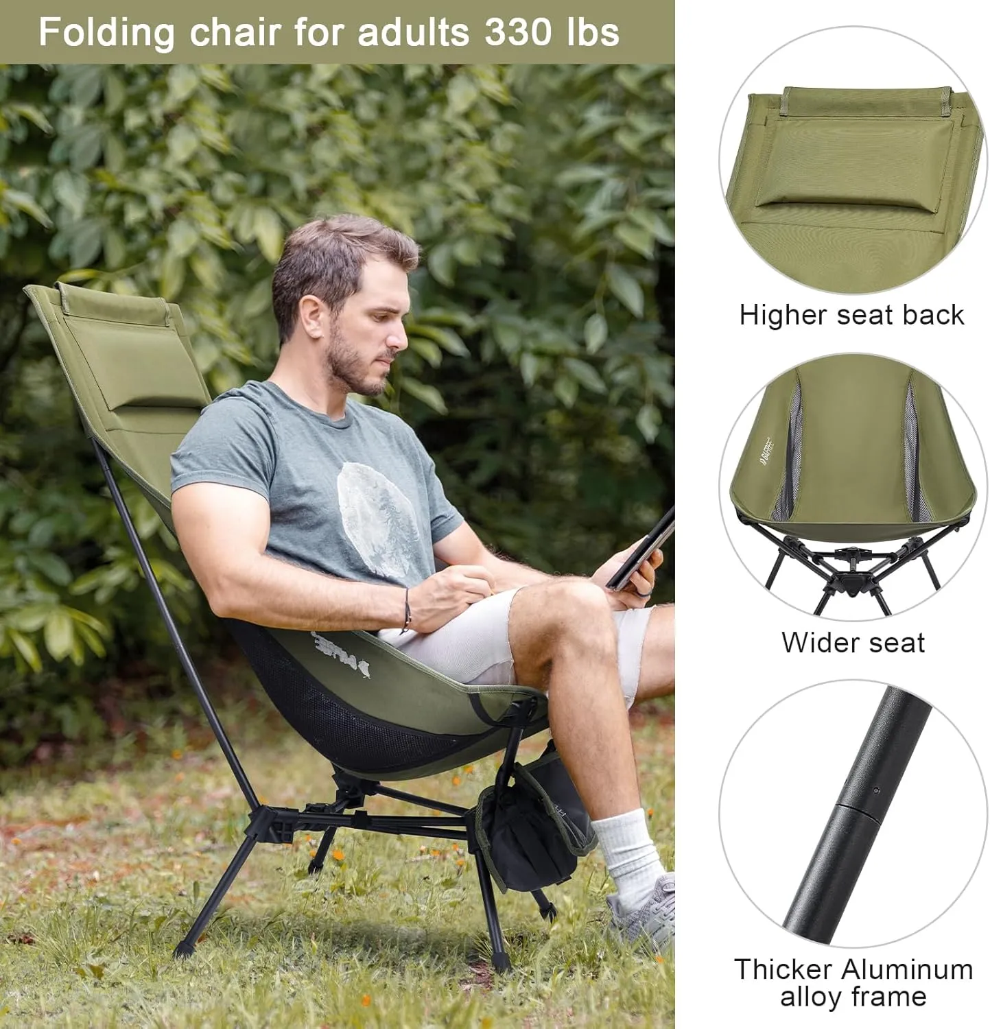 G4Free Folding Lightweight Camp Chair High Back Camping Chair Backpacking Chair Heavy Duty 330lbs with Headrest Pocket Green