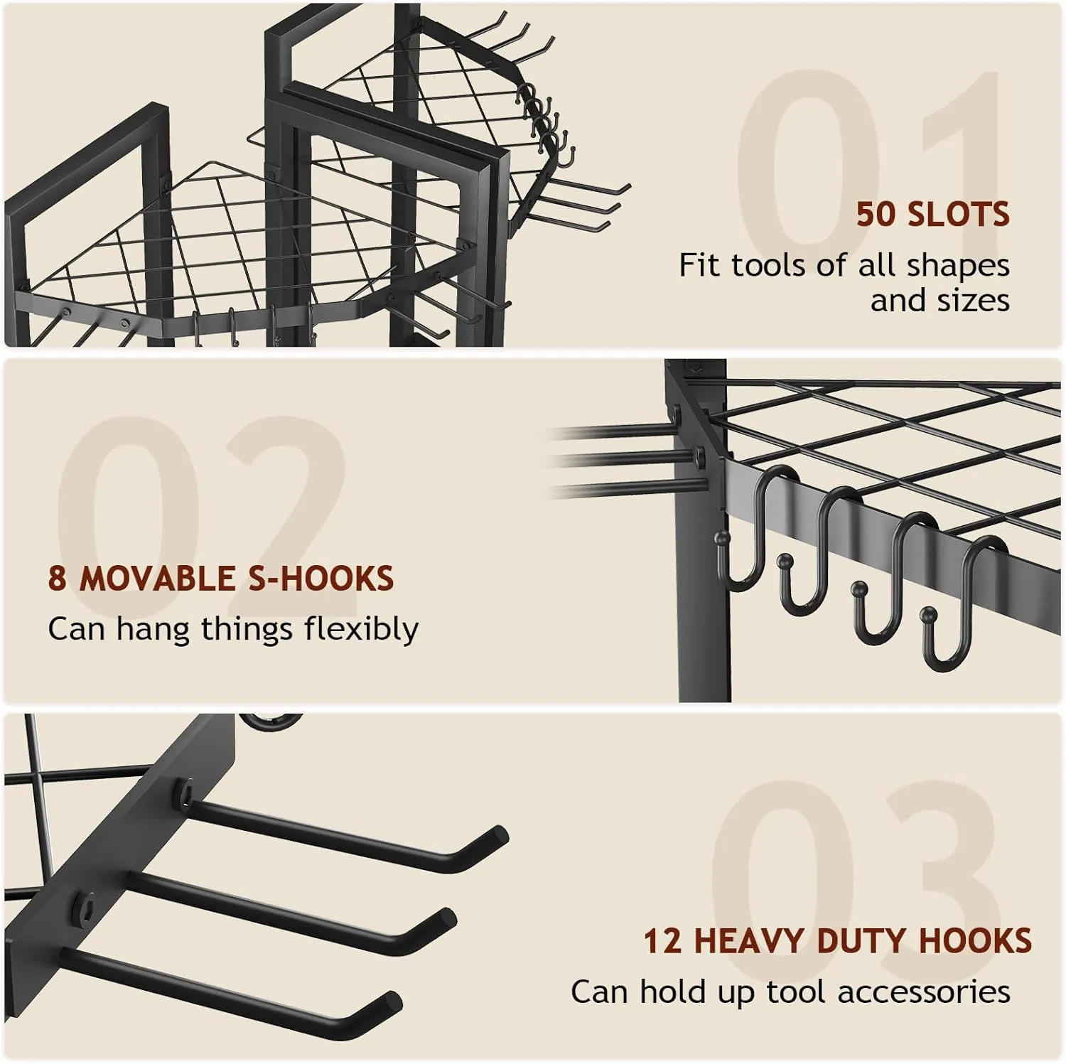 Garage Organizer - Heavy Duty Metal Garden Tool Storage Rack with Hooks for Shovels, Rakes, Long-Handled Tools - Ideal for Garage, Shed, or Backyard Corner (2 Pack)