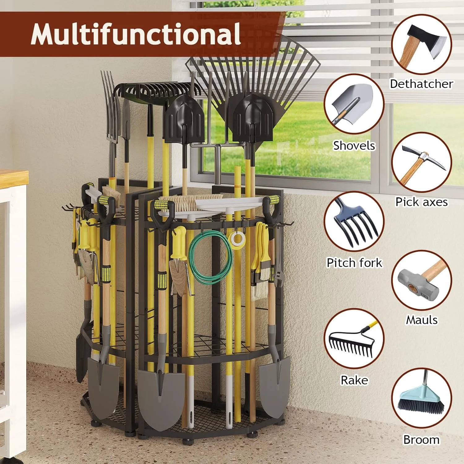 Garage Organizer - Heavy Duty Metal Garden Tool Storage Rack with Hooks for Shovels, Rakes, Long-Handled Tools - Ideal for Garage, Shed, or Backyard Corner (2 Pack)
