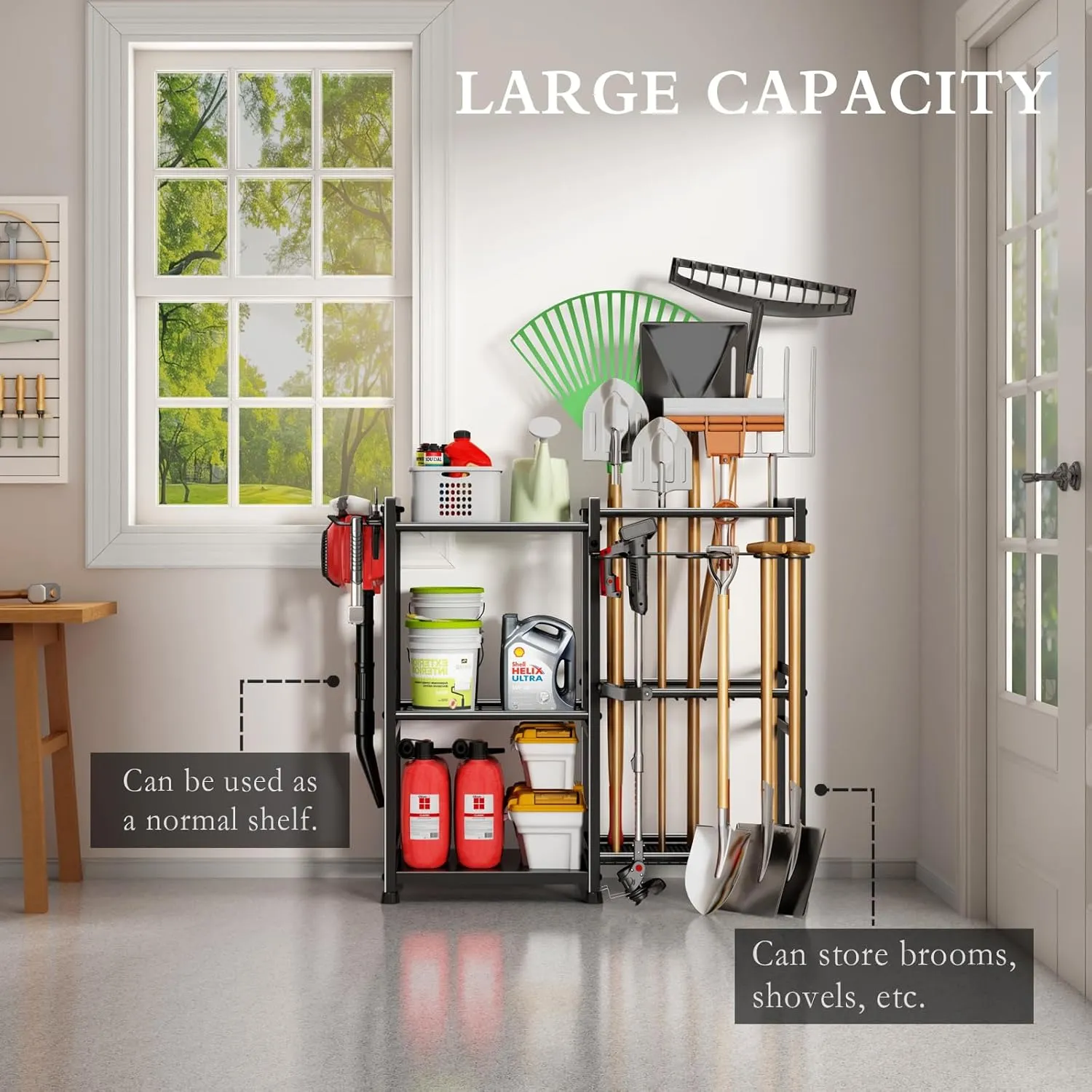 Garden Tool Organizer Storage Metal Yard Tool Organizer Heavy Duty Garden Tool Rack Stand with 2 Extra Hooks, Up To 70 Long Handled Shovels/Rakes/Brooms Holder for Garage,Shed,Outdoor(Black)