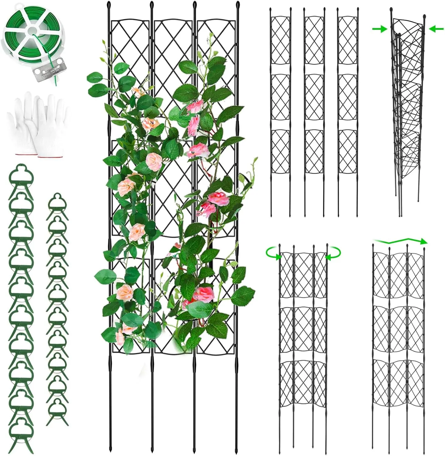 Garden Trellis Frame for Climbing Plants Outdoor, 64"x18" Rustproof Plant Support Screen for Indoor, PE Coated Metal Tube & Plastic Grids Privacy Screen Trellis for Rose Clematis Flowers Vine