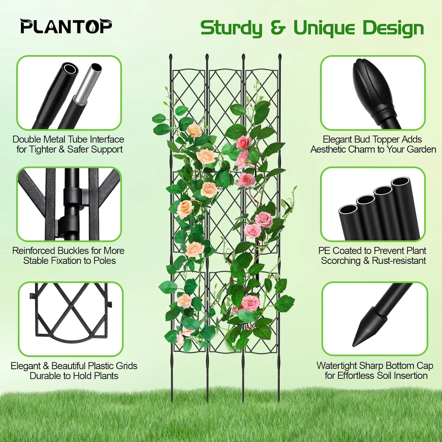 Garden Trellis Frame for Climbing Plants Outdoor, 64"x18" Rustproof Plant Support Screen for Indoor, PE Coated Metal Tube & Plastic Grids Privacy Screen Trellis for Rose Clematis Flowers Vine