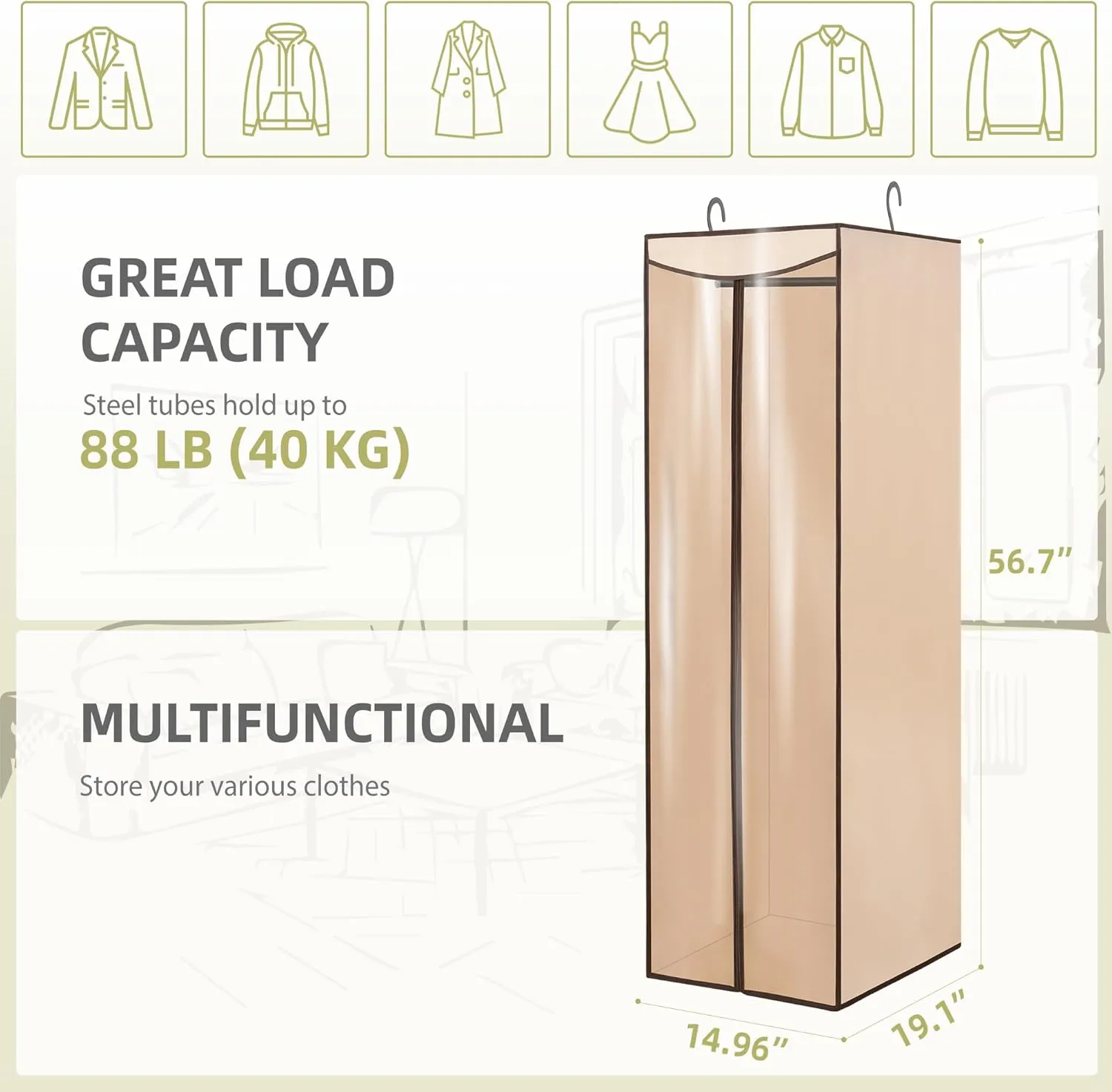 Garment Bags For Hanging Clothes, Long Garment Cover With Enclosed Clear Window For Closet Wardrobe Clothes Rack Organizer Storage, Hanging Garment Bags For Dresses, Suits, 1 Pack, Beige