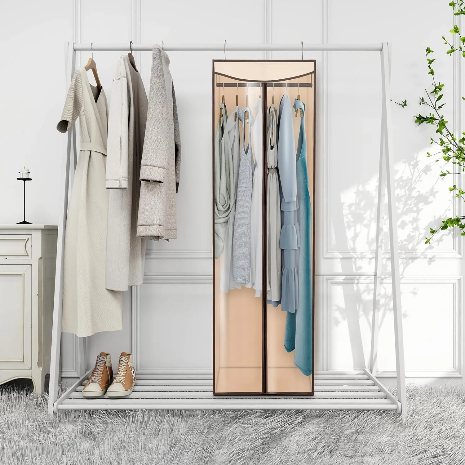 Garment Bags For Hanging Clothes, Long Garment Cover With Enclosed Clear Window For Closet Wardrobe Clothes Rack Organizer Storage, Hanging Garment Bags For Dresses, Suits, 1 Pack, Beige