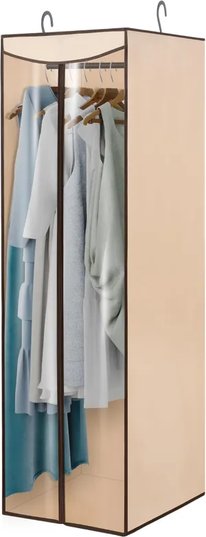Garment Bags For Hanging Clothes, Long Garment Cover With Enclosed Clear Window For Closet Wardrobe Clothes Rack Organizer Storage, Hanging Garment Bags For Dresses, Suits, 1 Pack, Beige