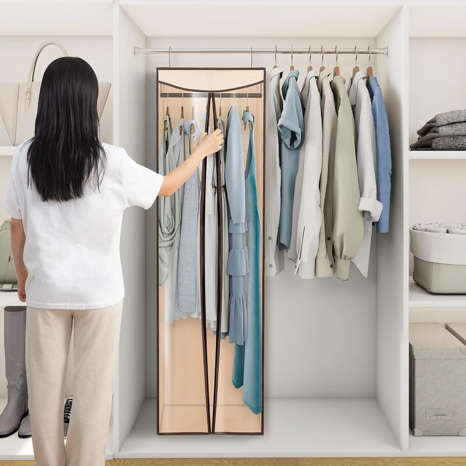 Garment Bags For Hanging Clothes, Long Garment Cover With Enclosed Clear Window For Closet Wardrobe Clothes Rack Organizer Storage, Hanging Garment Bags For Dresses, Suits, 1 Pack, Beige
