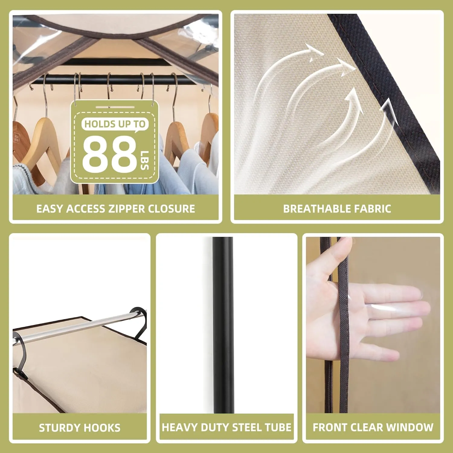 Garment Bags For Hanging Clothes, Long Garment Cover With Enclosed Clear Window For Closet Wardrobe Clothes Rack Organizer Storage, Hanging Garment Bags For Dresses, Suits, 1 Pack, Beige