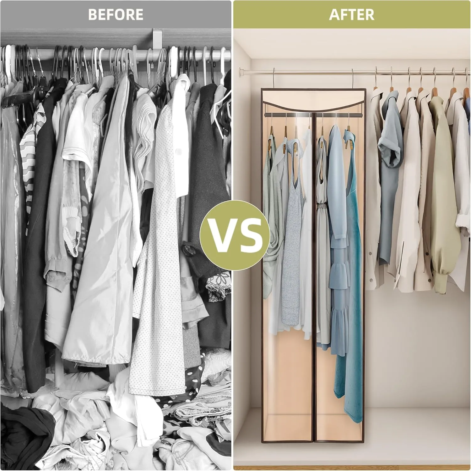 Garment Bags For Hanging Clothes, Long Garment Cover With Enclosed Clear Window For Closet Wardrobe Clothes Rack Organizer Storage, Hanging Garment Bags For Dresses, Suits, 1 Pack, Beige