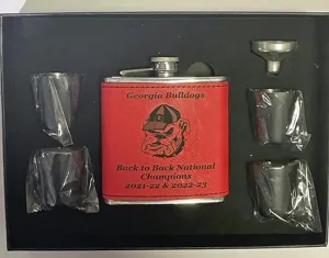 Georgia Bulldogs Back to Back National Champions 6 oz Flask with black presentation box with 4 stainless steel shot glasses and funnelq