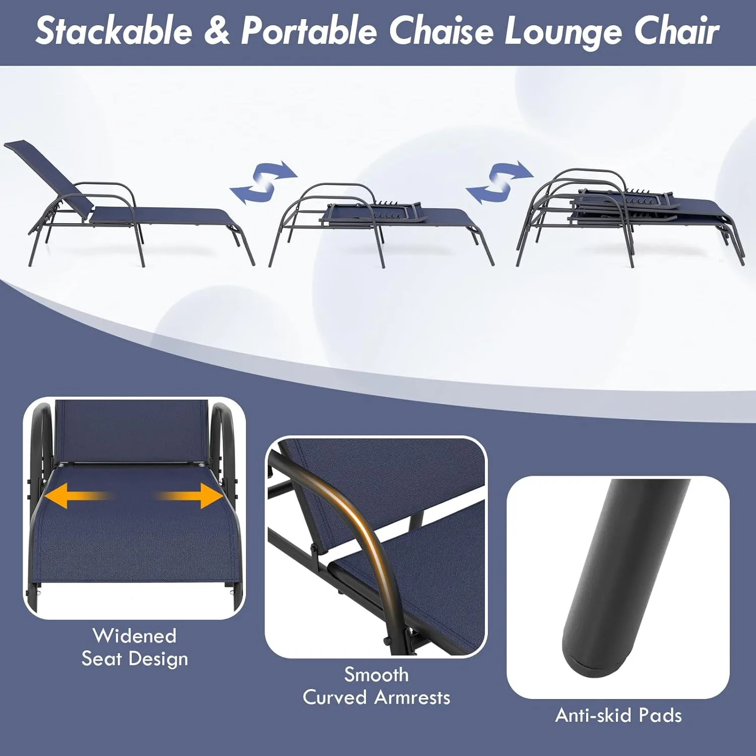 Giantex Patio Lounge Chair, Outdoor Chaise Lounge with 5 Adjustable Backrest, Sturdy Steel Frame, Sunbathing Recliner, Beach Chair, Tanning Chair for Outside, Yard, Balcony, Pool Chairs, Navy
