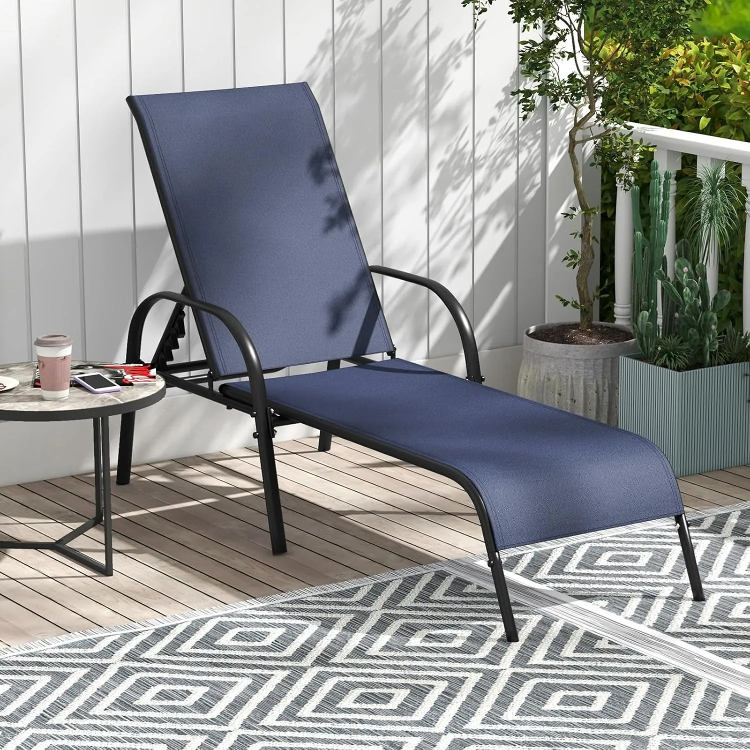 Giantex Patio Lounge Chair, Outdoor Chaise Lounge with 5 Adjustable Backrest, Sturdy Steel Frame, Sunbathing Recliner, Beach Chair, Tanning Chair for Outside, Yard, Balcony, Pool Chairs, Navy