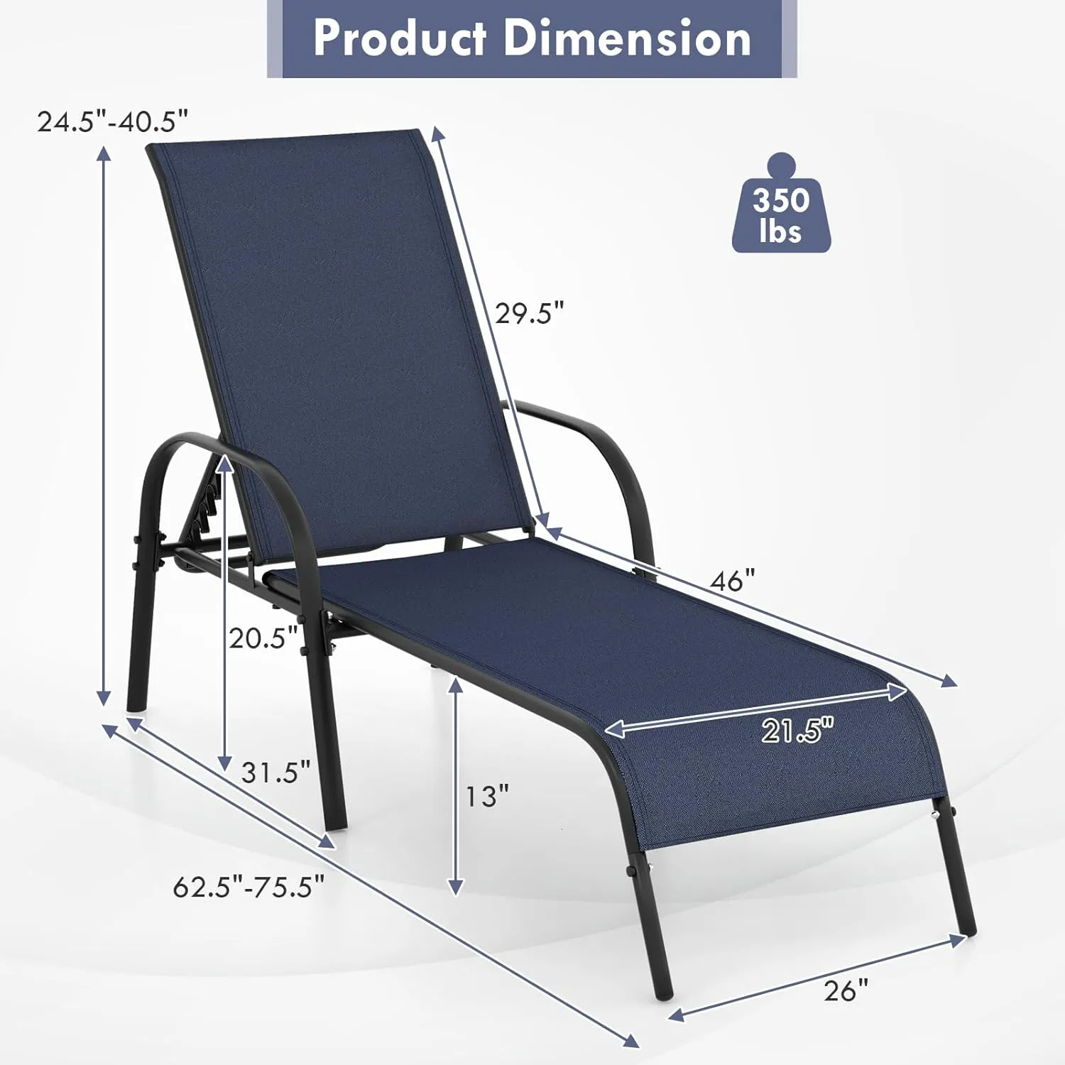 Giantex Patio Lounge Chair, Outdoor Chaise Lounge with 5 Adjustable Backrest, Sturdy Steel Frame, Sunbathing Recliner, Beach Chair, Tanning Chair for Outside, Yard, Balcony, Pool Chairs, Navy