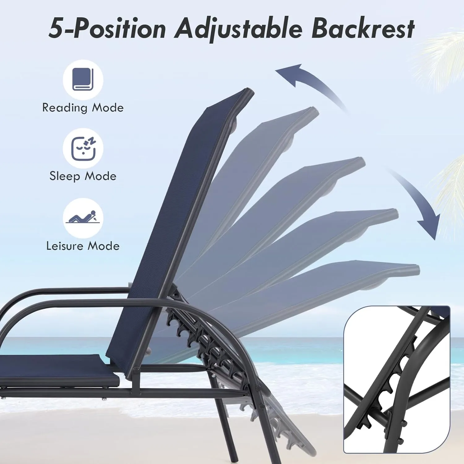 Giantex Patio Lounge Chair, Outdoor Chaise Lounge with 5 Adjustable Backrest, Sturdy Steel Frame, Sunbathing Recliner, Beach Chair, Tanning Chair for Outside, Yard, Balcony, Pool Chairs, Navy