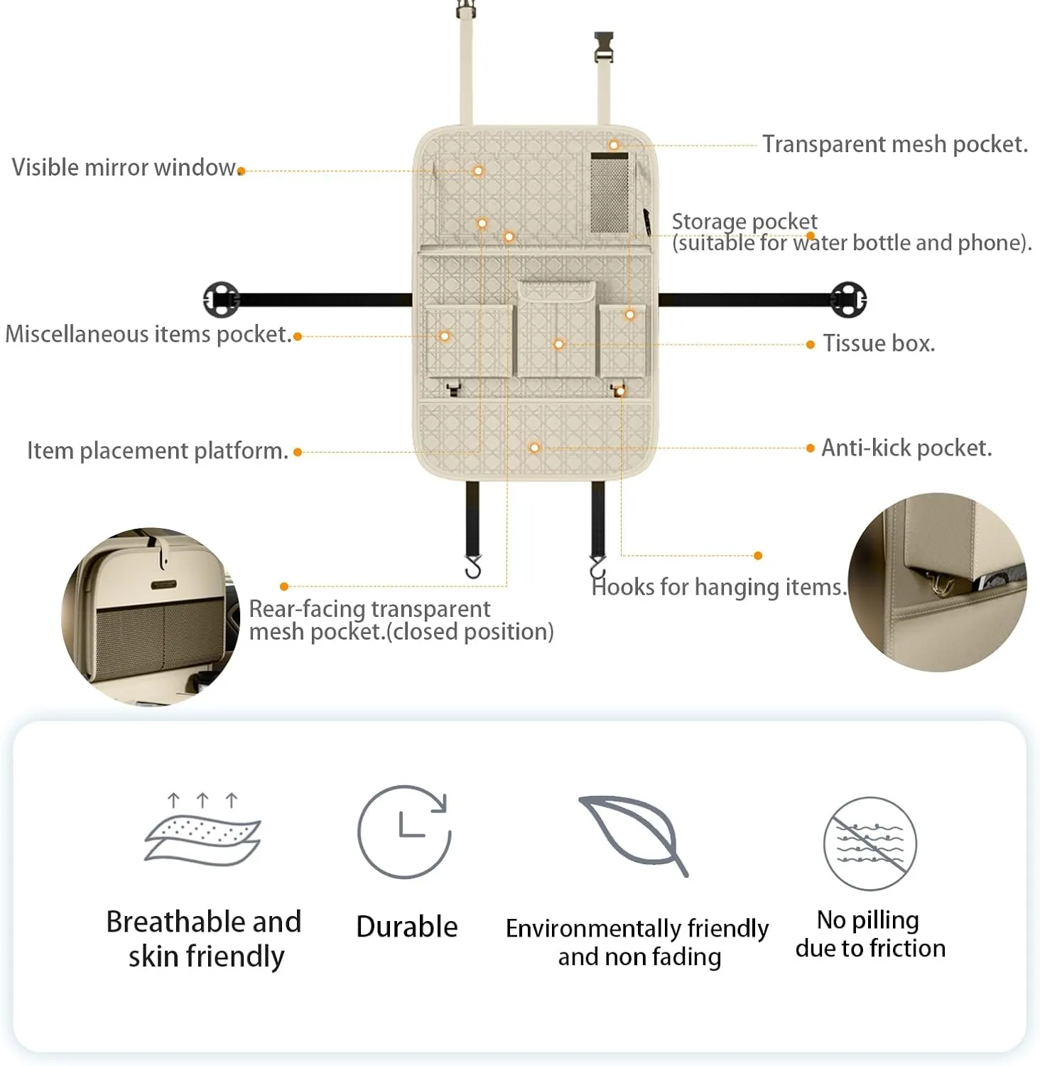 GMQ Seat Organizer 1 Pack, Car Backseat Organizer with Tray,Multifunctional Car Seat Back Storage Box Car Seat Back Storage with Foldable Tablet Holder (Beige)