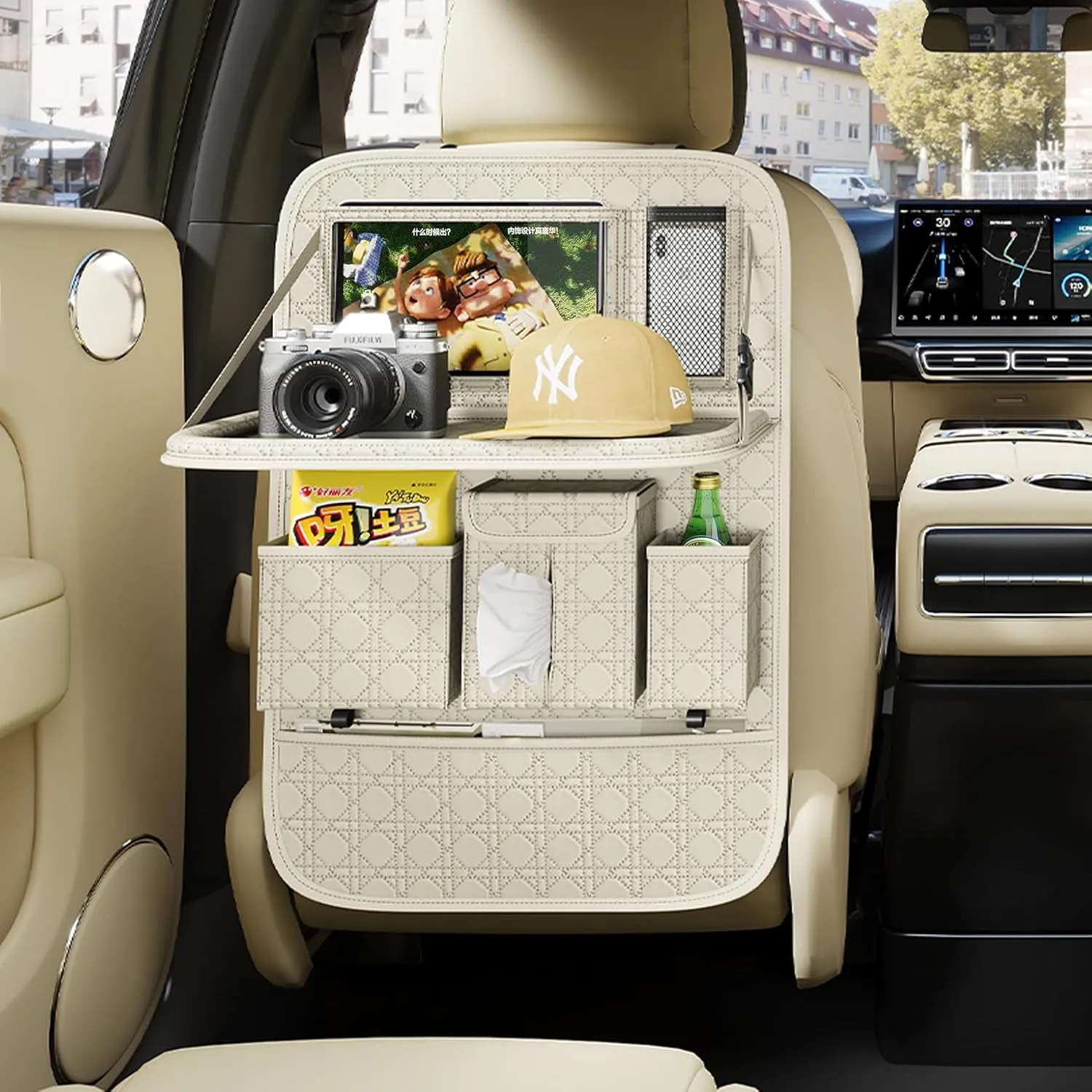 GMQ Seat Organizer 1 Pack, Car Backseat Organizer with Tray,Multifunctional Car Seat Back Storage Box Car Seat Back Storage with Foldable Tablet Holder (Beige)