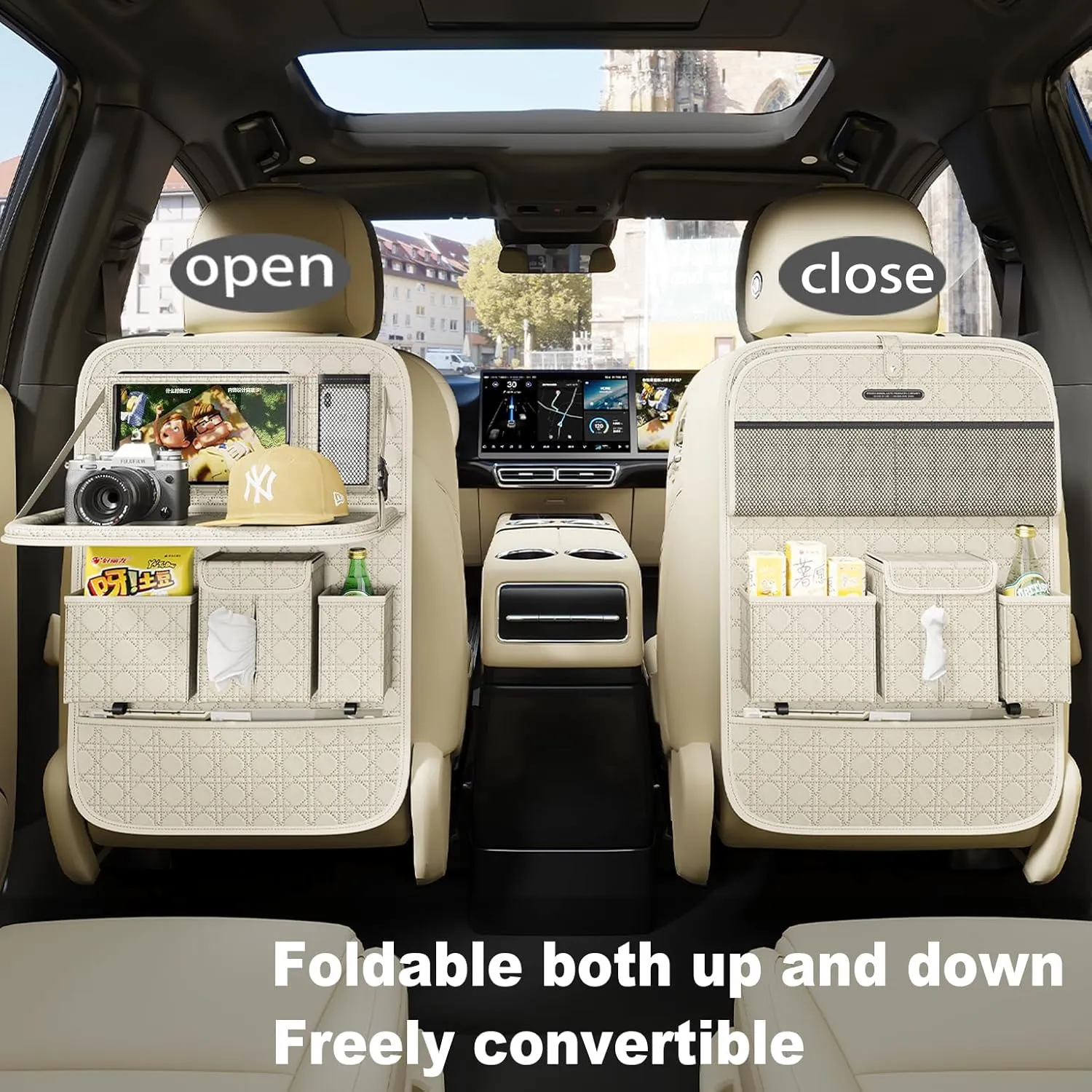 GMQ Seat Organizer 1 Pack, Car Backseat Organizer with Tray,Multifunctional Car Seat Back Storage Box Car Seat Back Storage with Foldable Tablet Holder (Beige)