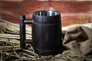 GoCraft Handmade Wooden Beer Mug with 18oz Stainless Steel Cup – Vintage Barrel Brown Design, Unique Wooden Tankard for Men, Great Beer Gift Idea, Cool Bar Accessory, Rustic Drinkware for Home Bar