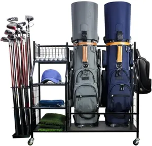 Golf Bag Organizer for Garage, Golf Bag Storage Rack Fit for 2 Golf Bags, 21 Golf Clubs, Balls, and Accessories with Lockable Wheels Organizer for Garage, Club, Shed, Basement