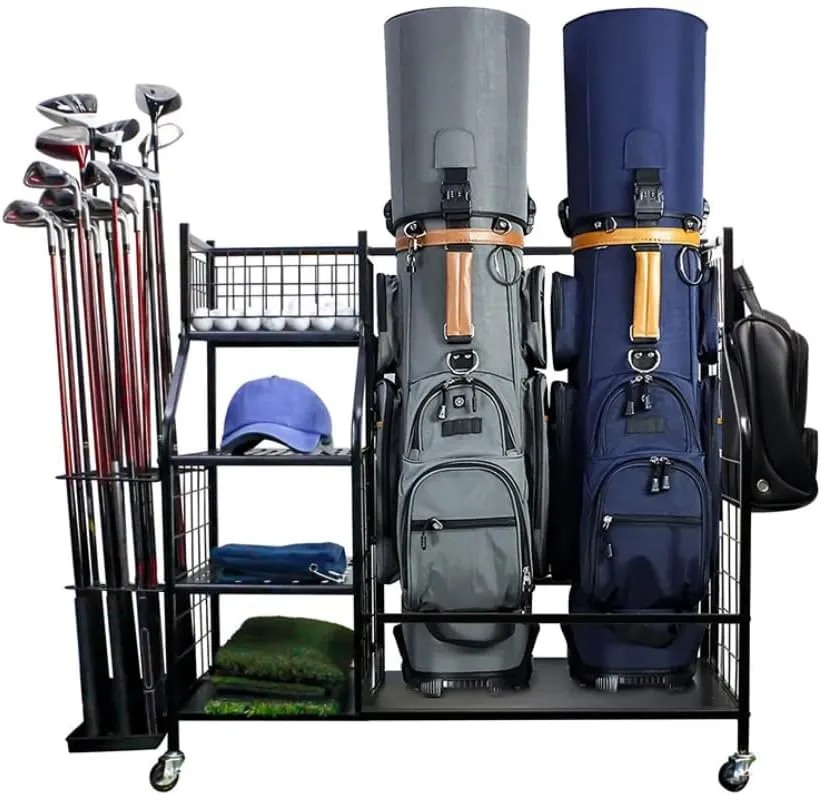 Golf Bag Organizer for Garage, Golf Bag Storage Rack Fit for 2 Golf Bags, 21 Golf Clubs, Balls, and Accessories with Lockable Wheels Organizer for Garage, Club, Shed, Basement