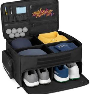 Golf Trunk Organizer with Shoe Storage, 2-Pair Capacity, Multi-Compartment Car Storage Box for Golf Gear and Accessories, Black