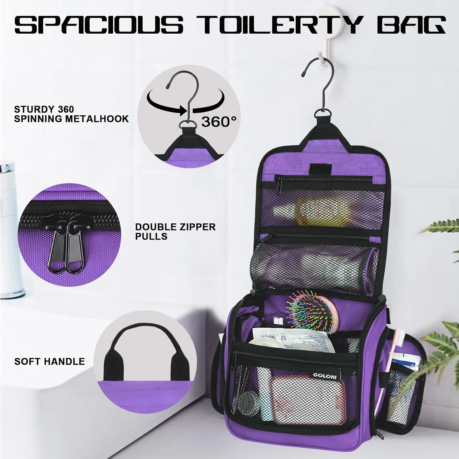 Goloni 10-Compartment Hanging Travel Toiletry Bag for Men & Women - Large Makeup & Toiletries Organizer with Smooth Zippers,XXL Swivel Metal Hook - Perfect for Travel, Camping, and Daily Use
