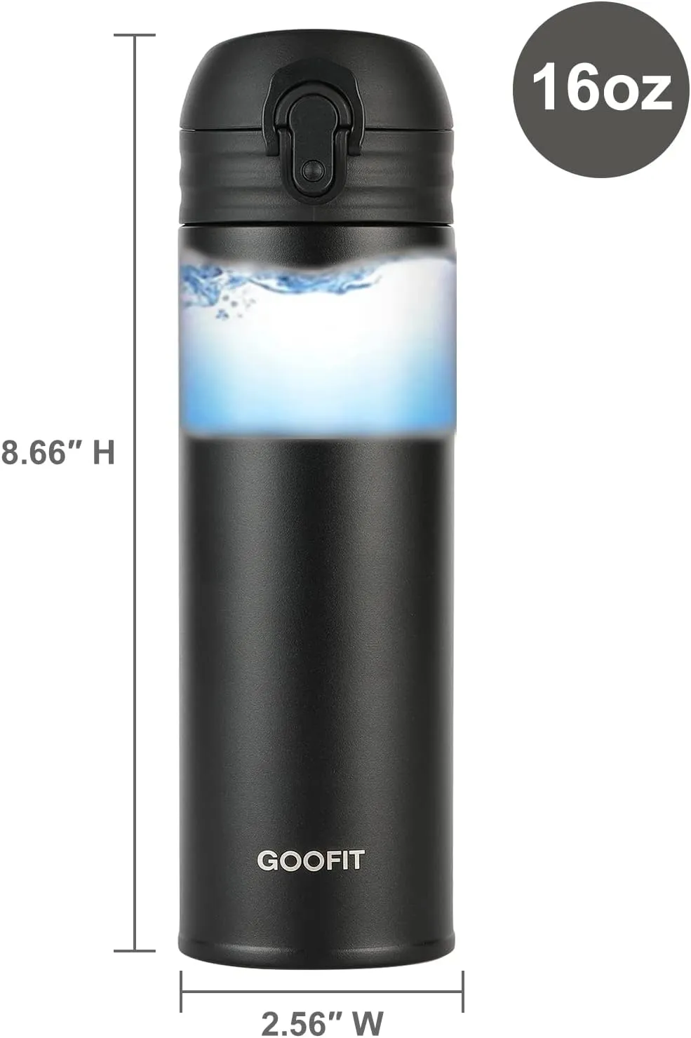 GOOFIT Water Bottle Double Wall Vacuum Insulated Thermos Beverage Coffee Bottle Stainless Steel Travel Mug Thermos Flask BPA Free Keeps Cold 24H Hot 24H 16 Oz Black