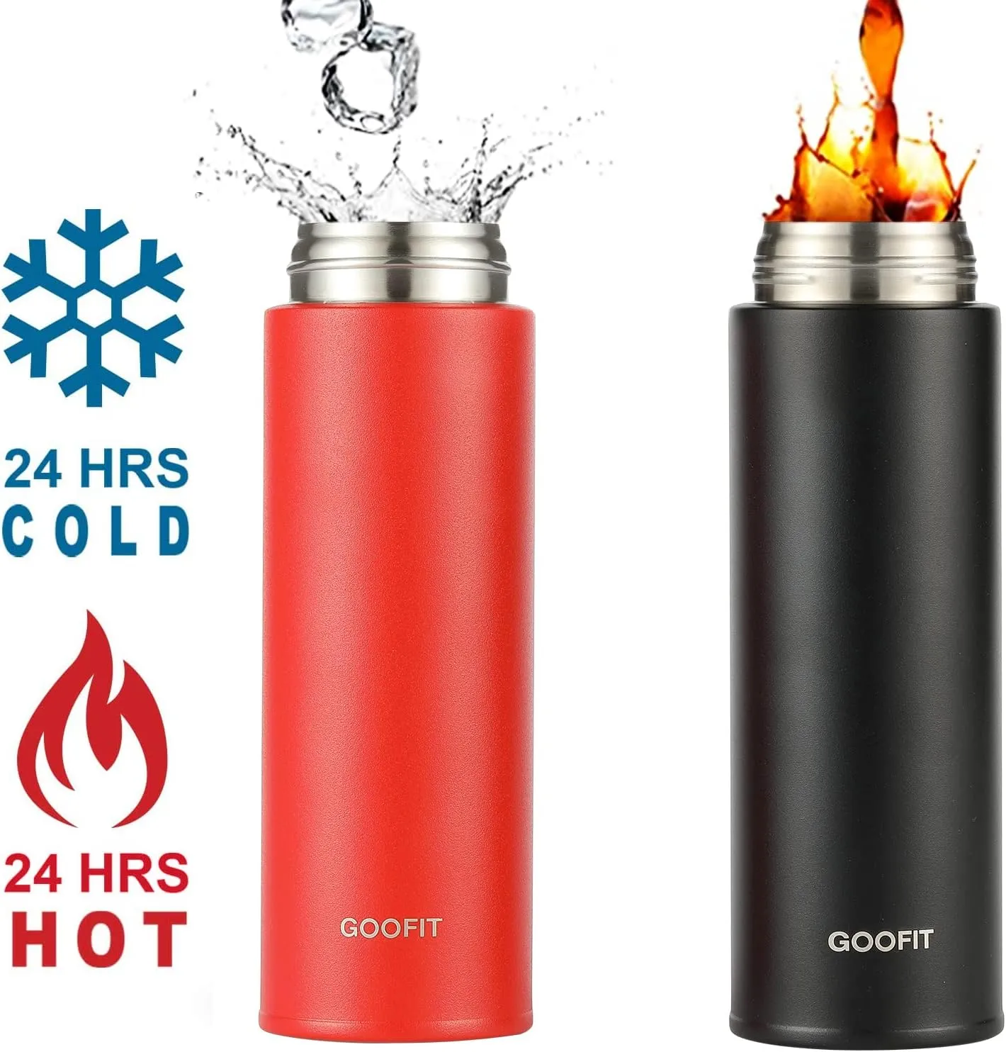 GOOFIT Water Bottle Double Wall Vacuum Insulated Thermos Beverage Coffee Bottle Stainless Steel Travel Mug Thermos Flask BPA Free Keeps Cold 24H Hot 24H 16 Oz Black