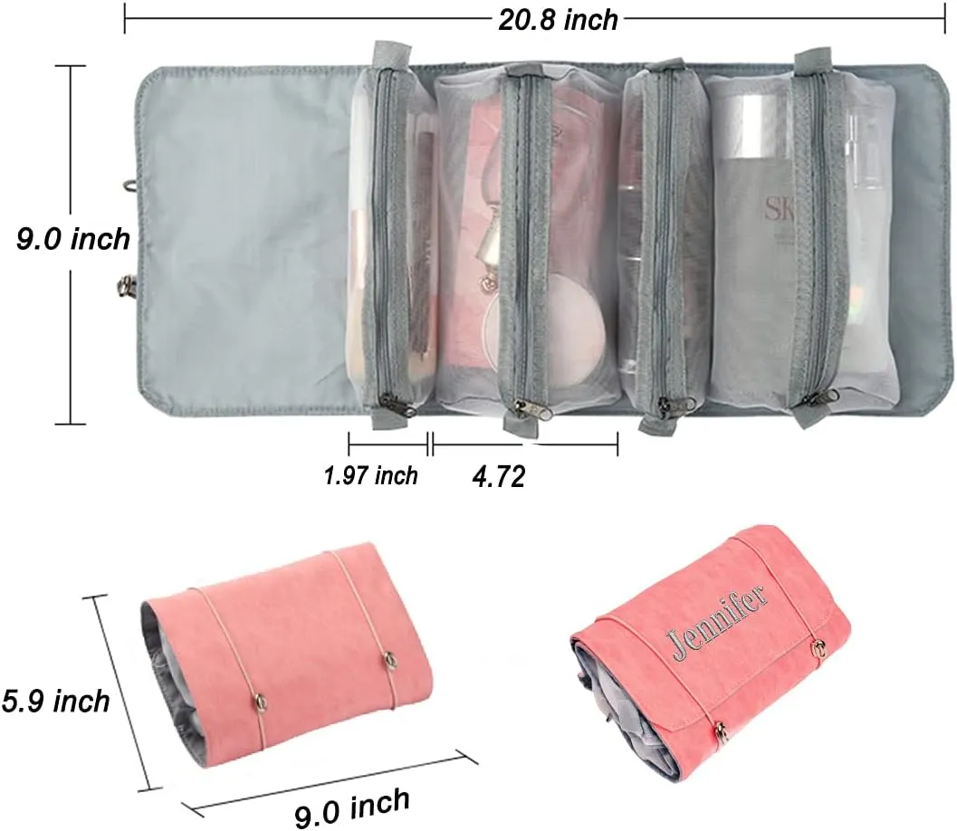 GOPHIE Personalized Toiletry Bag Embroidery Roll-Up Cosmetic bag Foldable Portable Travel Organizer Custom Women's Cosmetic Makeup Kits for Women Waterproof (Pink)
