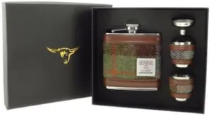Green Brown Tartan Harris Tweed 6oz Stainless Steel Hip Flask and Cup Set