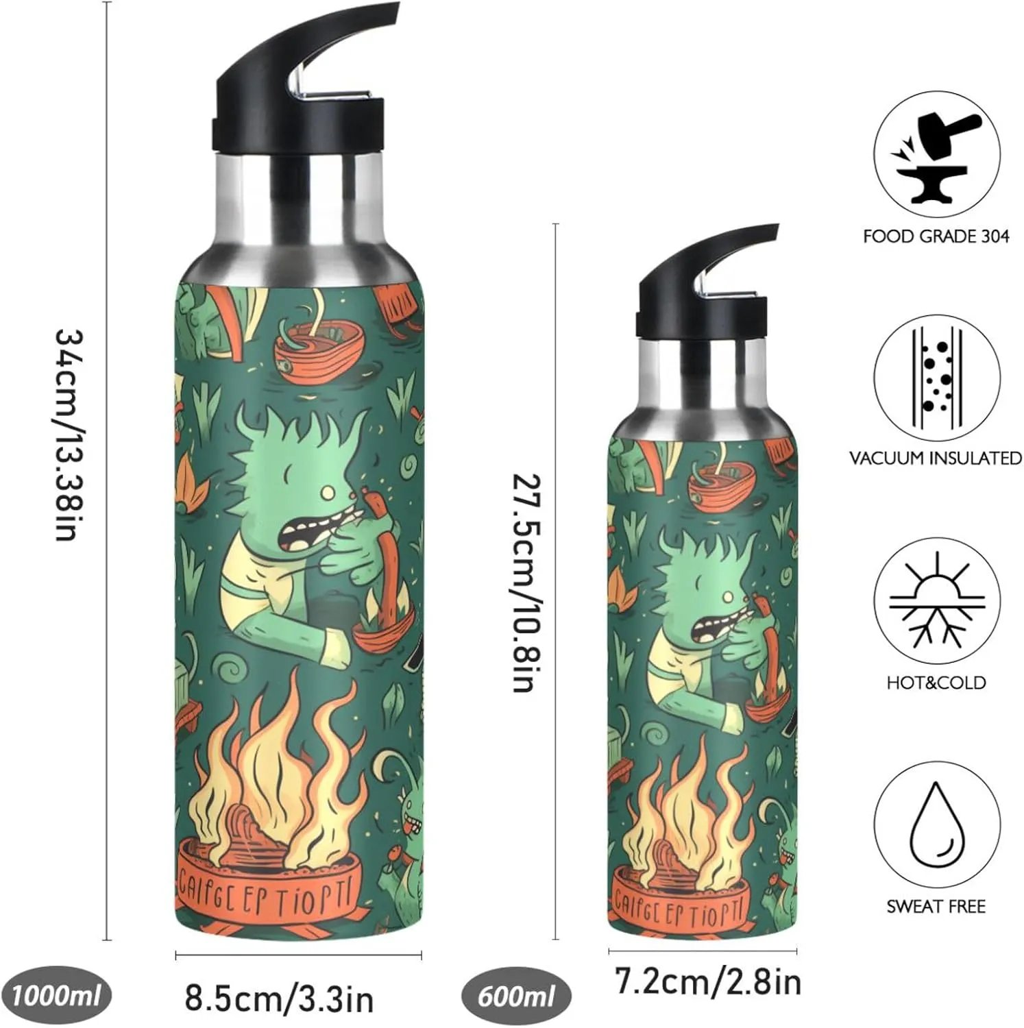 Green Pattern Lobsters Sport Water Bottle Insulated Stainless Steel Large Vacuum Flask Leak Proof Thermos with Straw for Travel(600ml/1000ml)