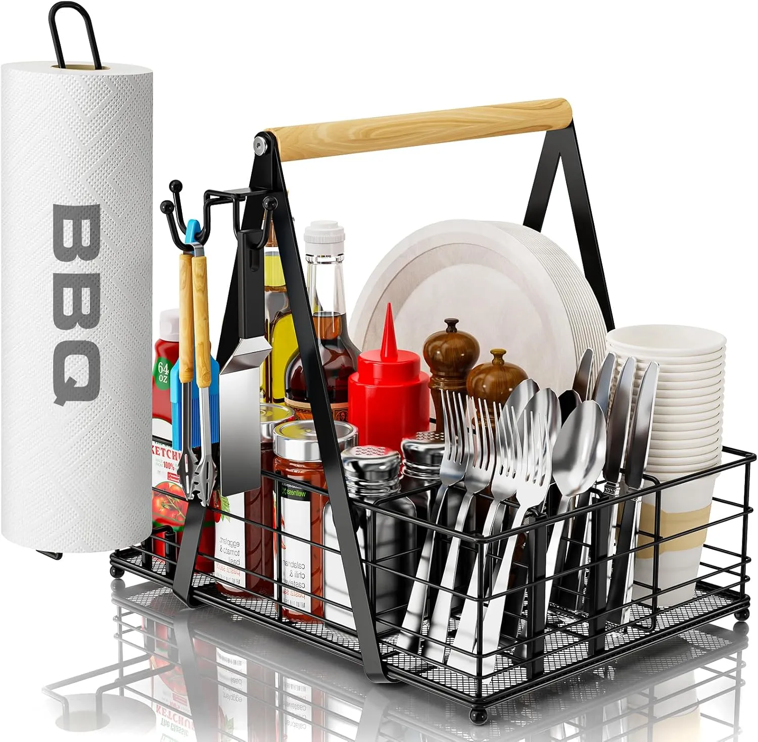 Grill Caddy with Paper Towel Holder, Picnic BBQ Condiment Utensil Organizer Caddy for Outdoor Kitchen, Rv, Camping Accessories, Camping Essential, Camper Must Haves