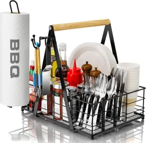 Grill Caddy with Paper Towel Holder, Picnic BBQ Condiment Utensil Organizer Caddy for Outdoor Kitchen, Rv, Camping Accessories, Camping Essential, Camper Must Haves