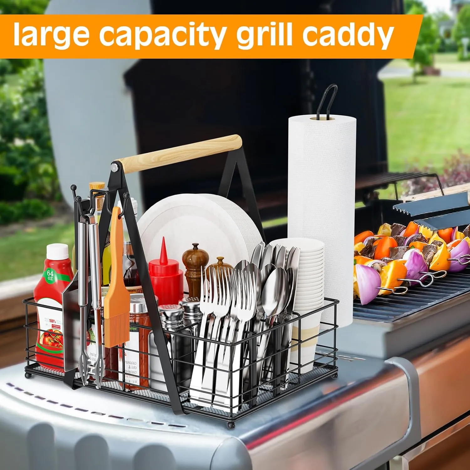 Grill Caddy with Paper Towel Holder, Picnic BBQ Condiment Utensil Organizer Caddy for Outdoor Kitchen, Rv, Camping Accessories, Camping Essential, Camper Must Haves