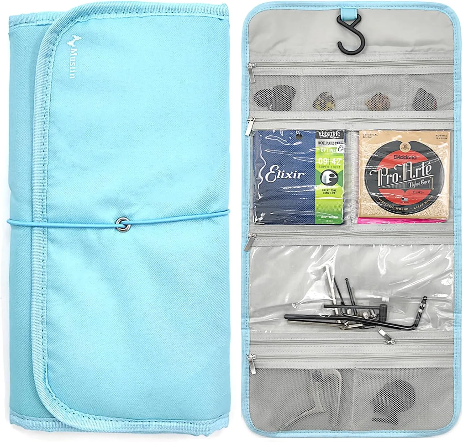 Guitar Accessory Organizer Bag, Foldable Easy Access Pockets Case, Picks, Strap, Capo, Strings Holder Storage (Blue)