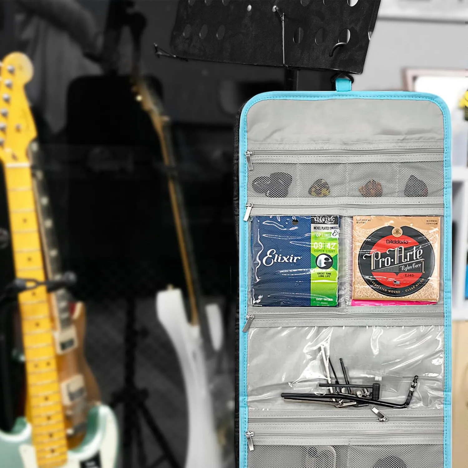 Guitar Accessory Organizer Bag, Foldable Easy Access Pockets Case, Picks, Strap, Capo, Strings Holder Storage (Blue)